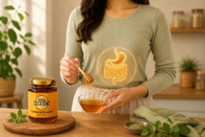 Jar of Yemeni Sidr honey with glowing digestive icon for Honey for Digestive Comfort.
