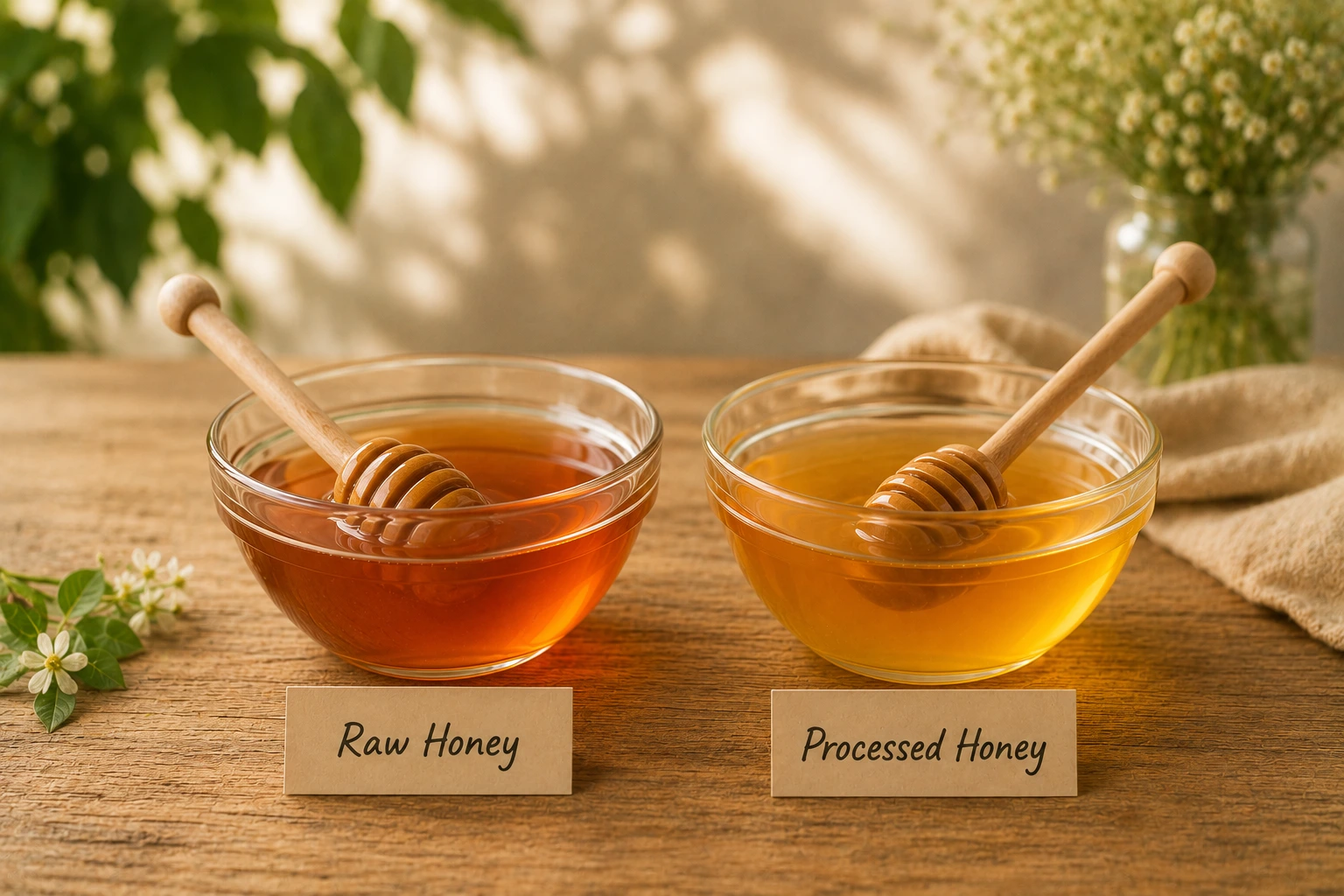 Side-by-side comparison of glass bowls displaying Raw vs Processed Honey.