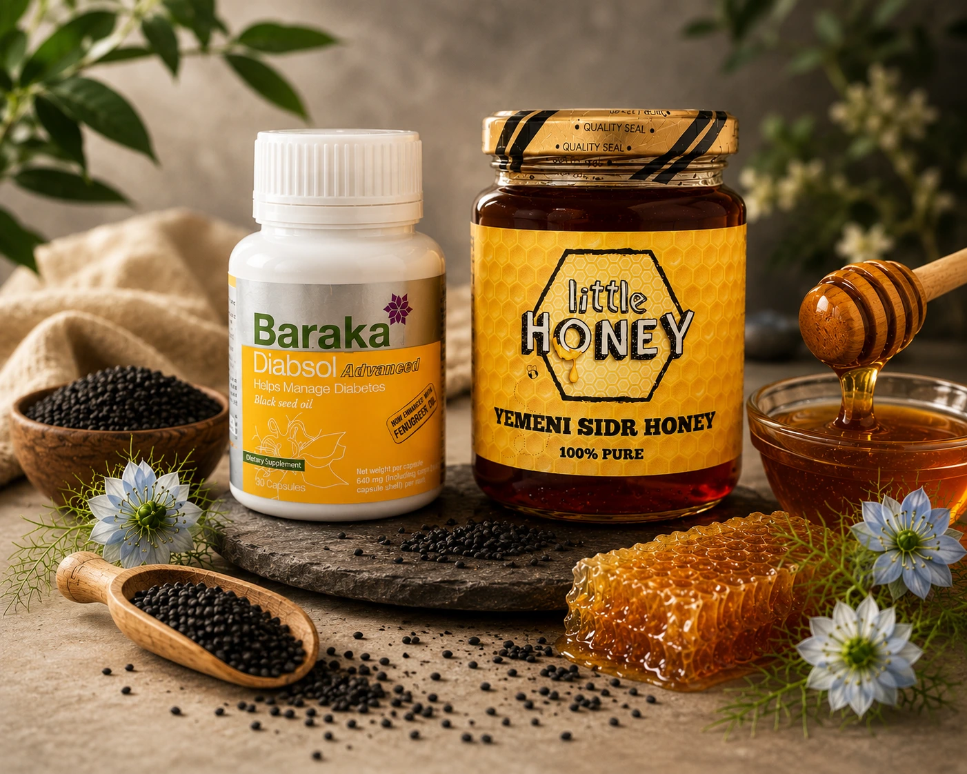 Jar of Yemeni honey next to black seed oil capsules for Sidr honey and black seed oil.
