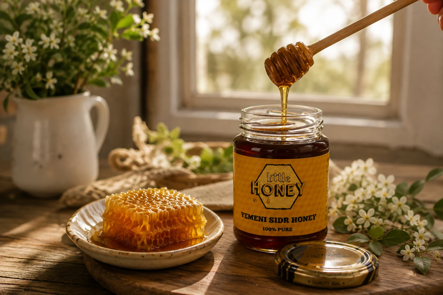 Dipper pouring pure honey into jar next to honeycomb for Honey Nutrition Facts post.