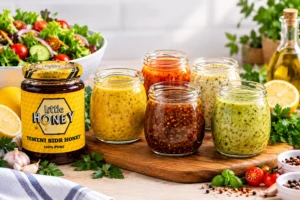5 quick homemade honey salad dressings in glass jars with fresh salad
