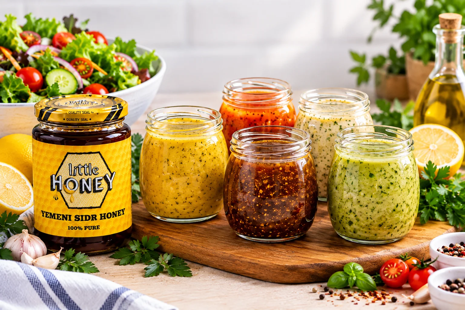 5 quick homemade honey salad dressings in glass jars with fresh salad