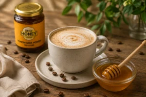 Creamy latte cup with honey jar and dipper for natural Honey and Coffee beverage mix.