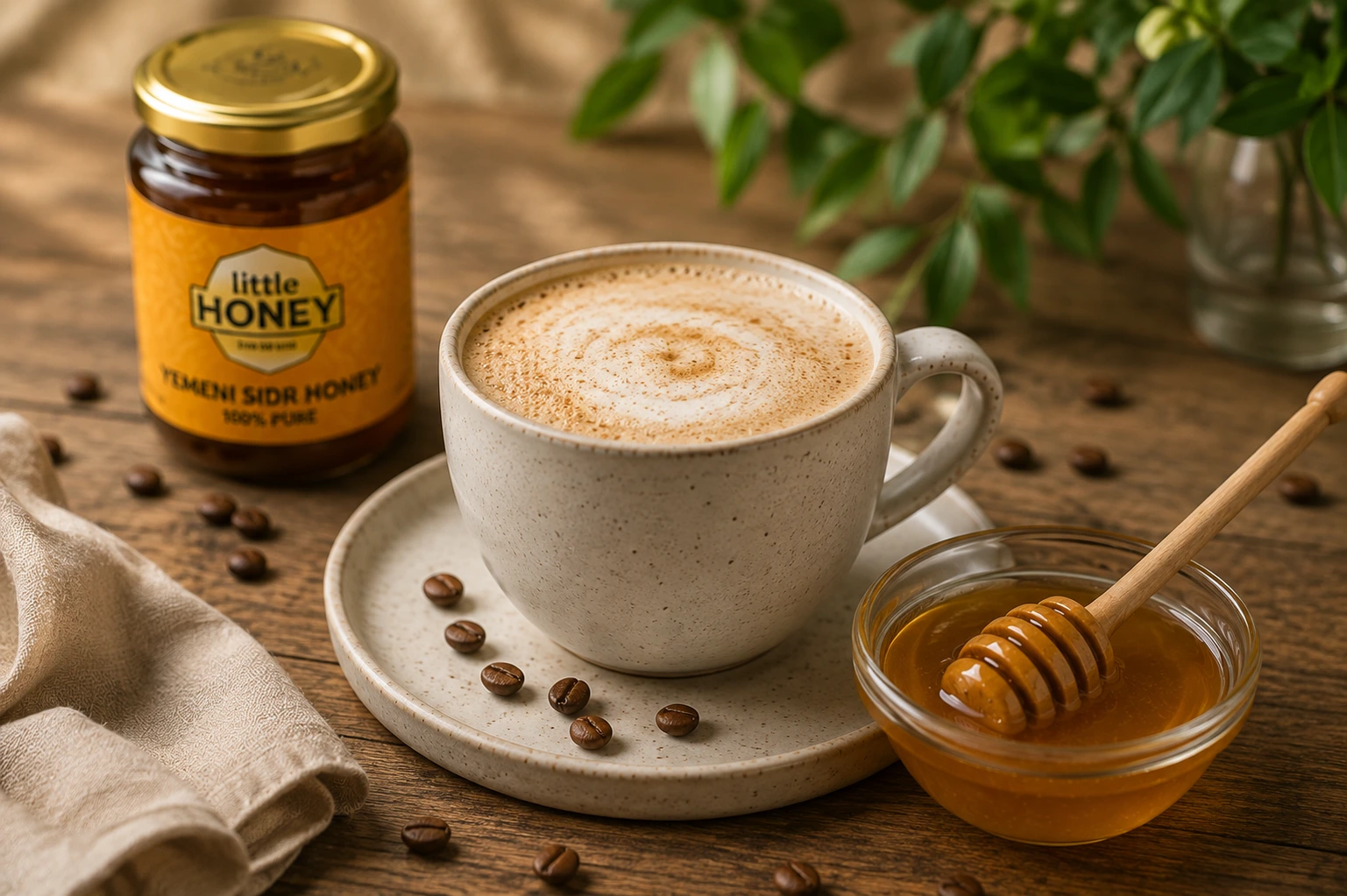 Creamy latte cup with honey jar and dipper for natural Honey and Coffee beverage mix.