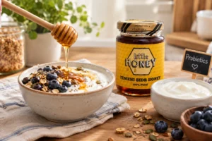 Honey drizzled over yogurt bowl with blueberries showcasing Honey and Probiotics.