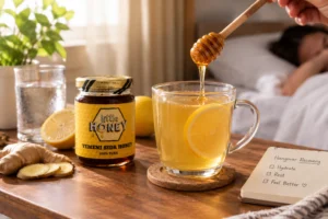 Pure Yemeni Sidr honey dipper pouring into warm lemon tea as Honey for Hangovers.
