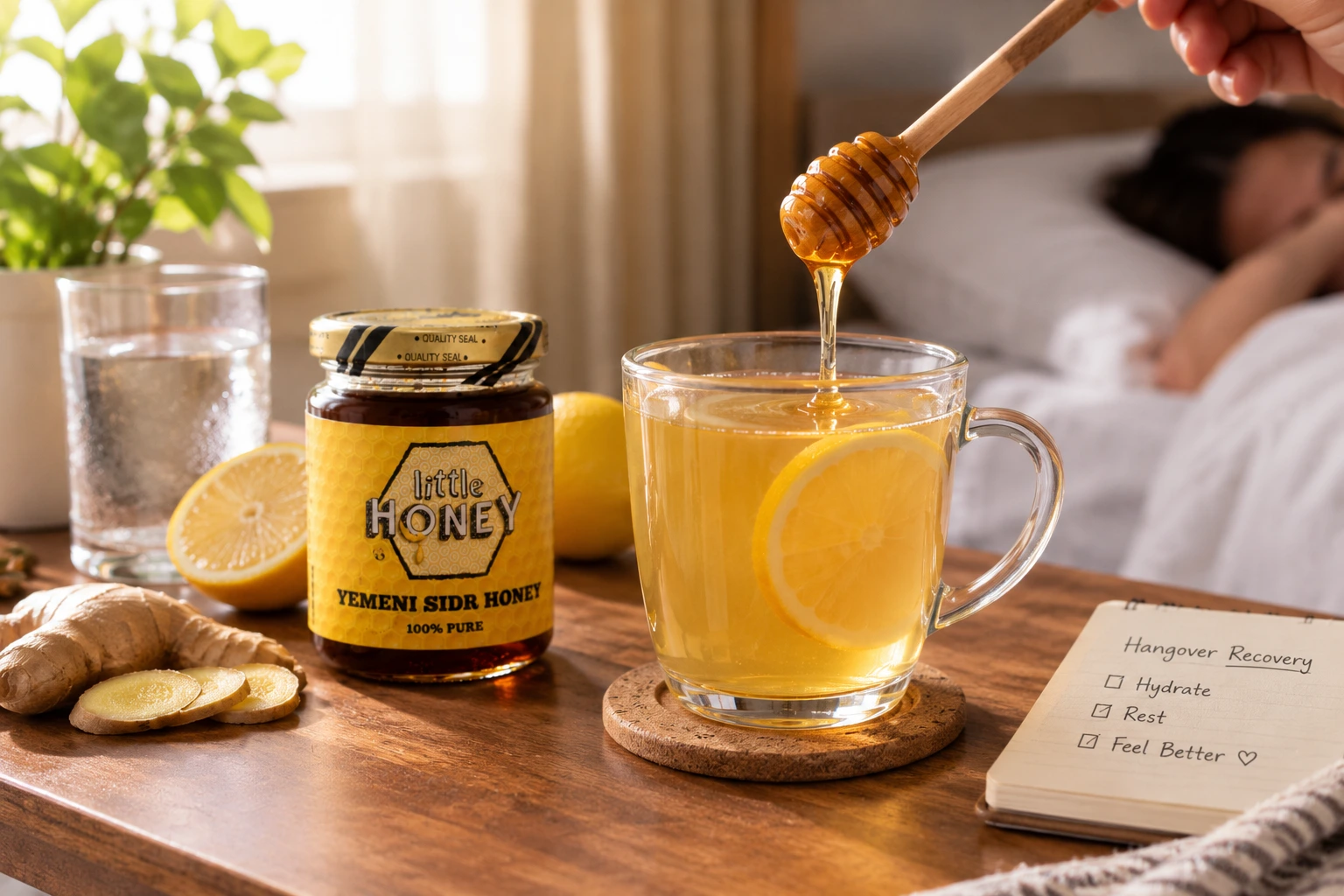Pure Yemeni Sidr honey dipper pouring into warm lemon tea as Honey for Hangovers.