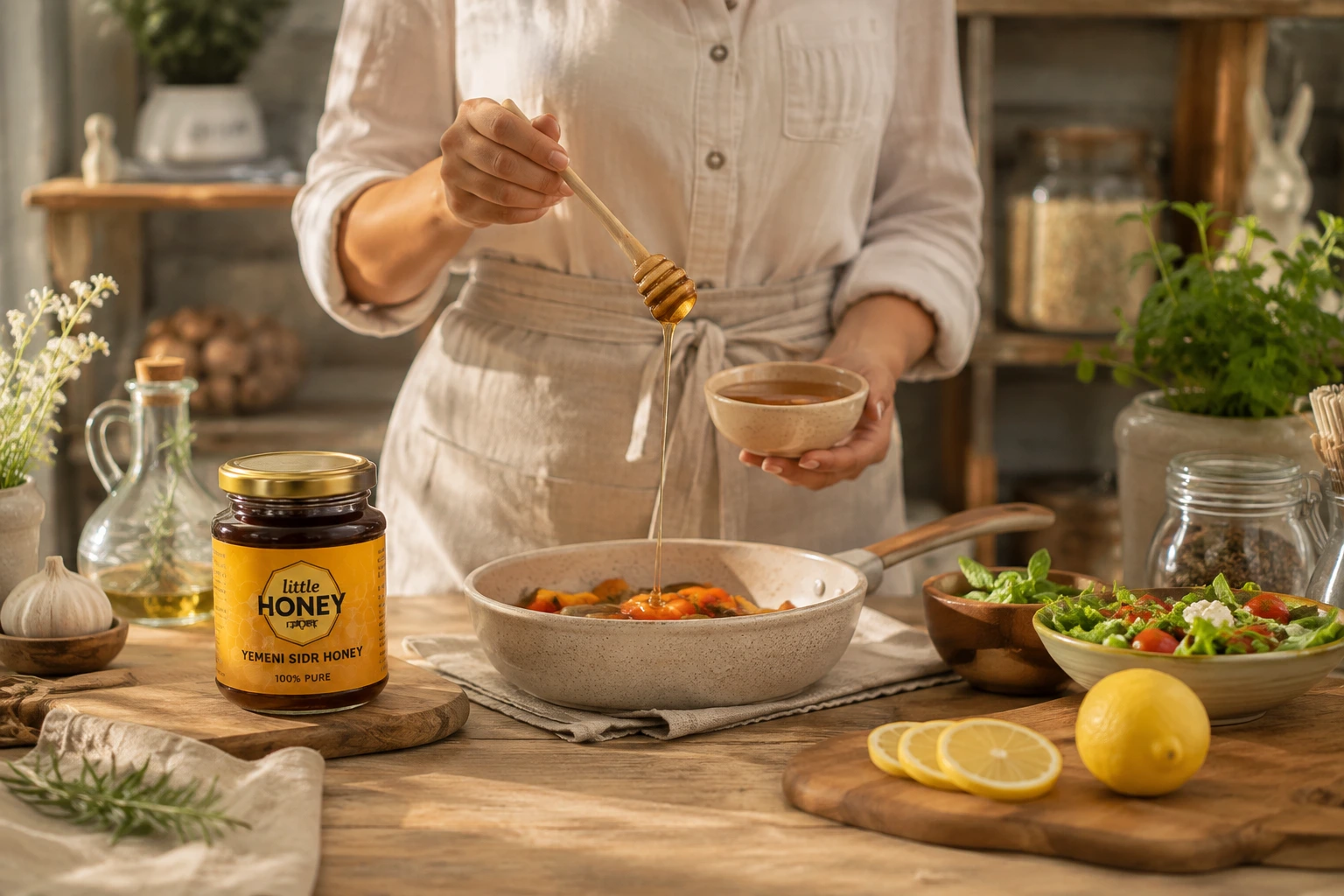 Drizzling sweet honey into skillet while using Honey in Cooking recipes.