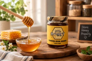 Glass jar of Sidr honey with dipper and honeycomb for How to Store Honey guide.