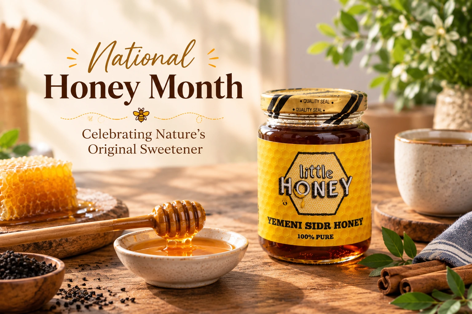 Pure Yemeni Sidr honey jar with honeycomb and dipper for National Honey Month.