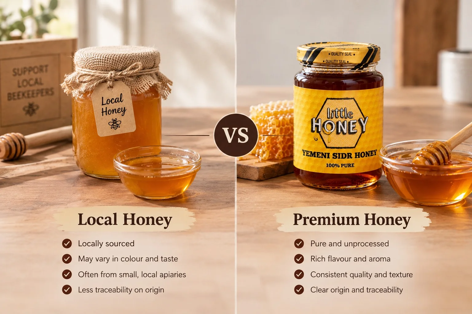 Premium Honey comparison guide showing real honey quality and features