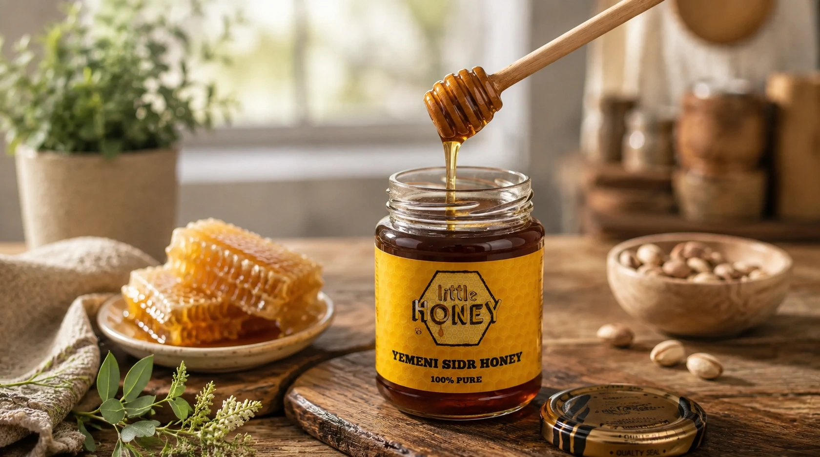 Honey dipper dripping pure honey into jar: Where Does Sidr Honey Come From guide.