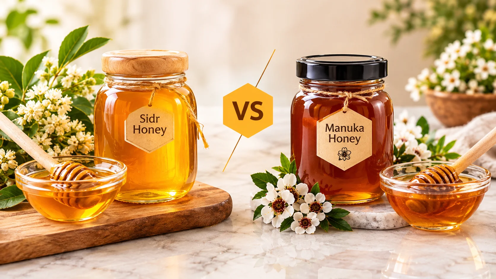 Comparison of Sidr honey vs Manuka honey jars showing natural floral sources and textures.