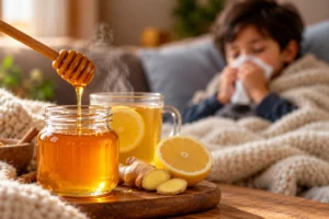 Honey dipper over jar with lemon tea and ginger showcasing Benefits of Honey in Winter.