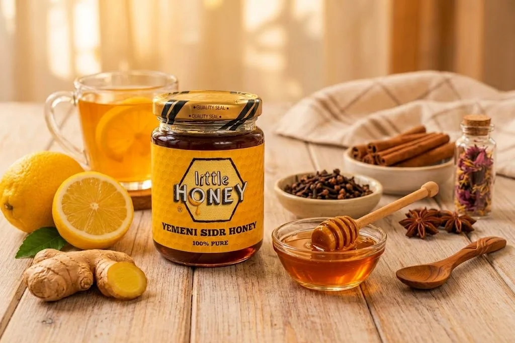 Honey jar with lemon, cinnamon, and warm tea for Honey for Cough remedies.