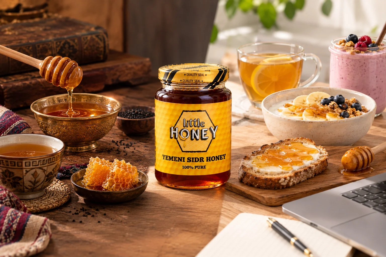 Jari of pure golden natural honey surrounded by fresh honeycomb and a wooden honey dipper.