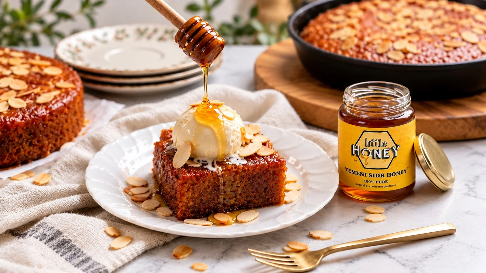 Honey drizzled on baked dessert next to Sidr honey jar for honey recipes.